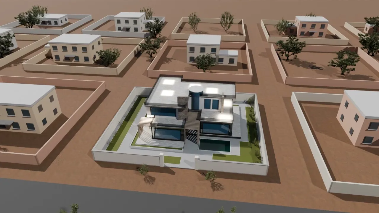 Arrivée en drone sur le quartier — Villa aux grandes baies