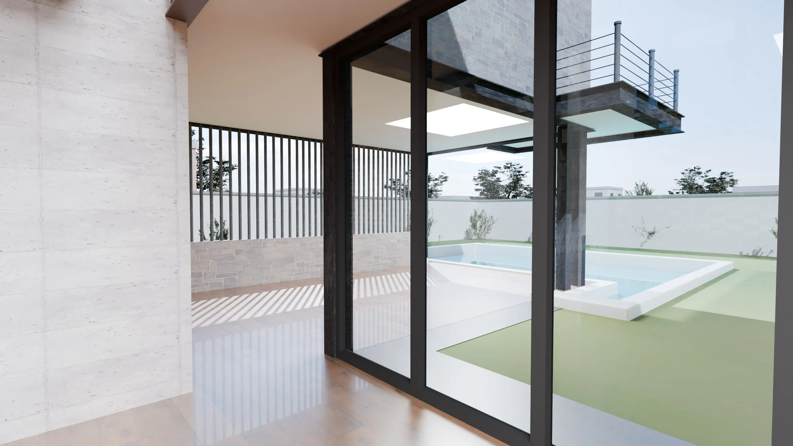 Escalier et vue sur la piscine — Villa contemporaine