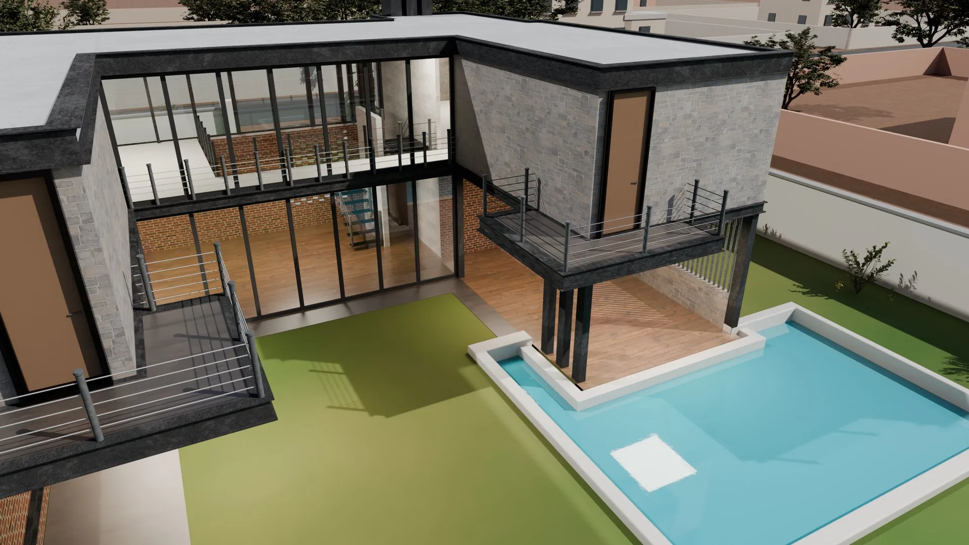 Rendu ZAAKA : la villa contemporaine et sa piscine vues de drone